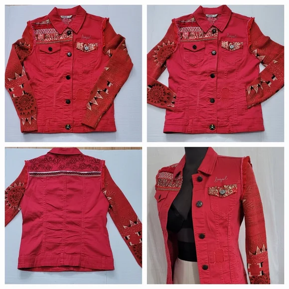 Desigual Red Embroidered Jean Jacket with Patterned Sleeves / 38 - Picture 4 of 10